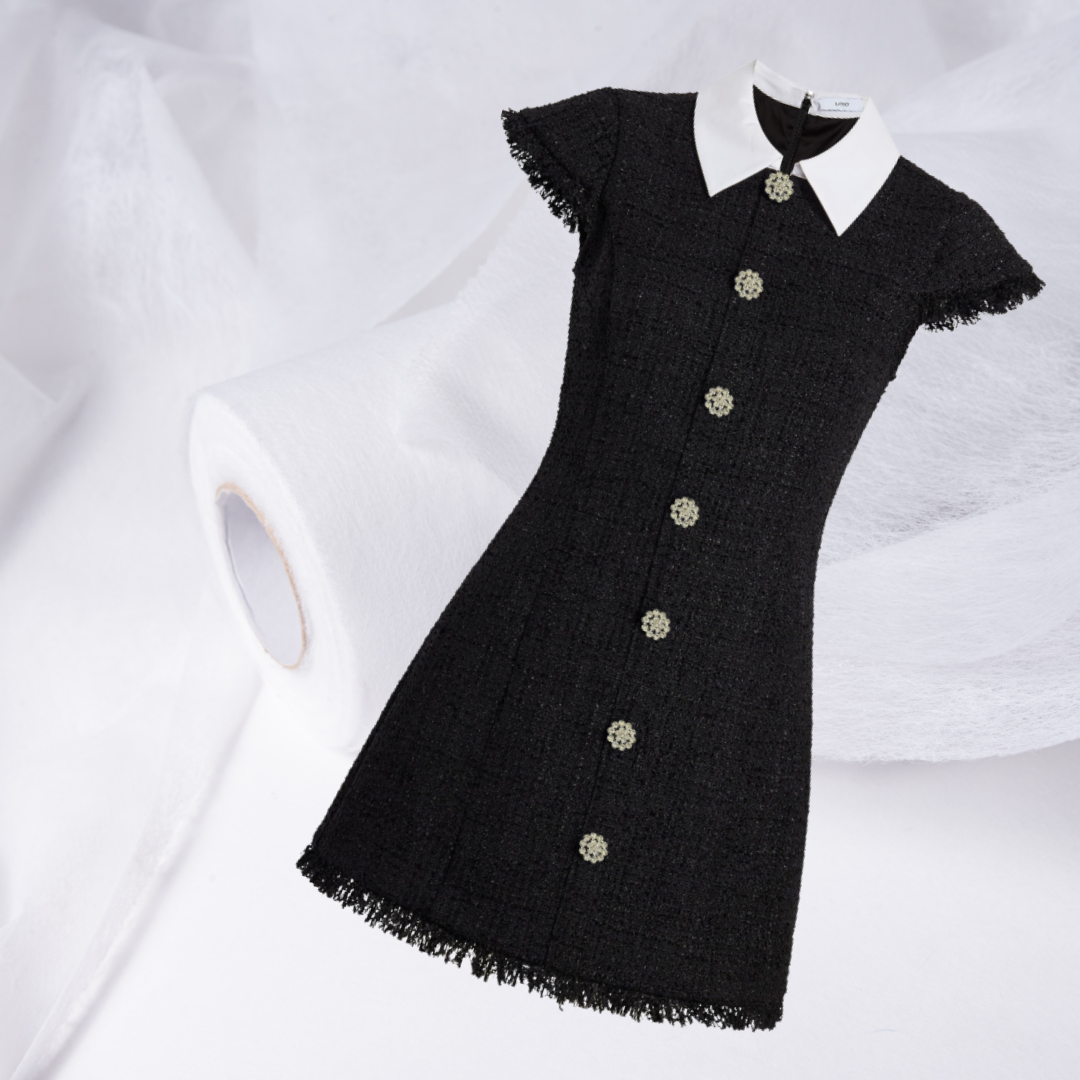 LIKELY Women Riello Dress Black Tweed Mini w White Collar & Pearl Buttons
