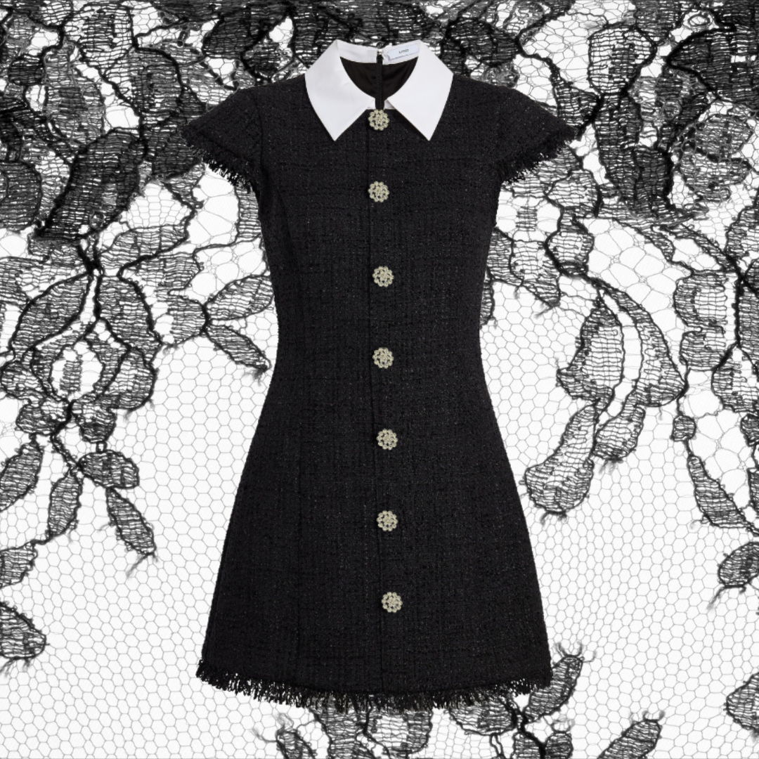 LIKELY Women Riello Dress Black Tweed Mini w White Collar & Pearl Buttons