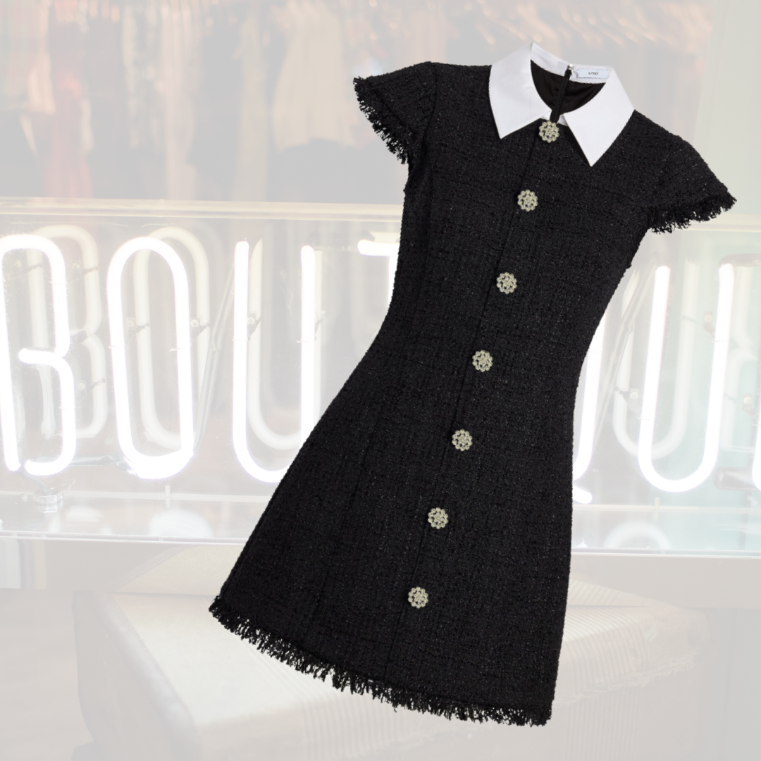 LIKELY Women Riello Dress Black Tweed Mini w White Collar & Pearl Buttons