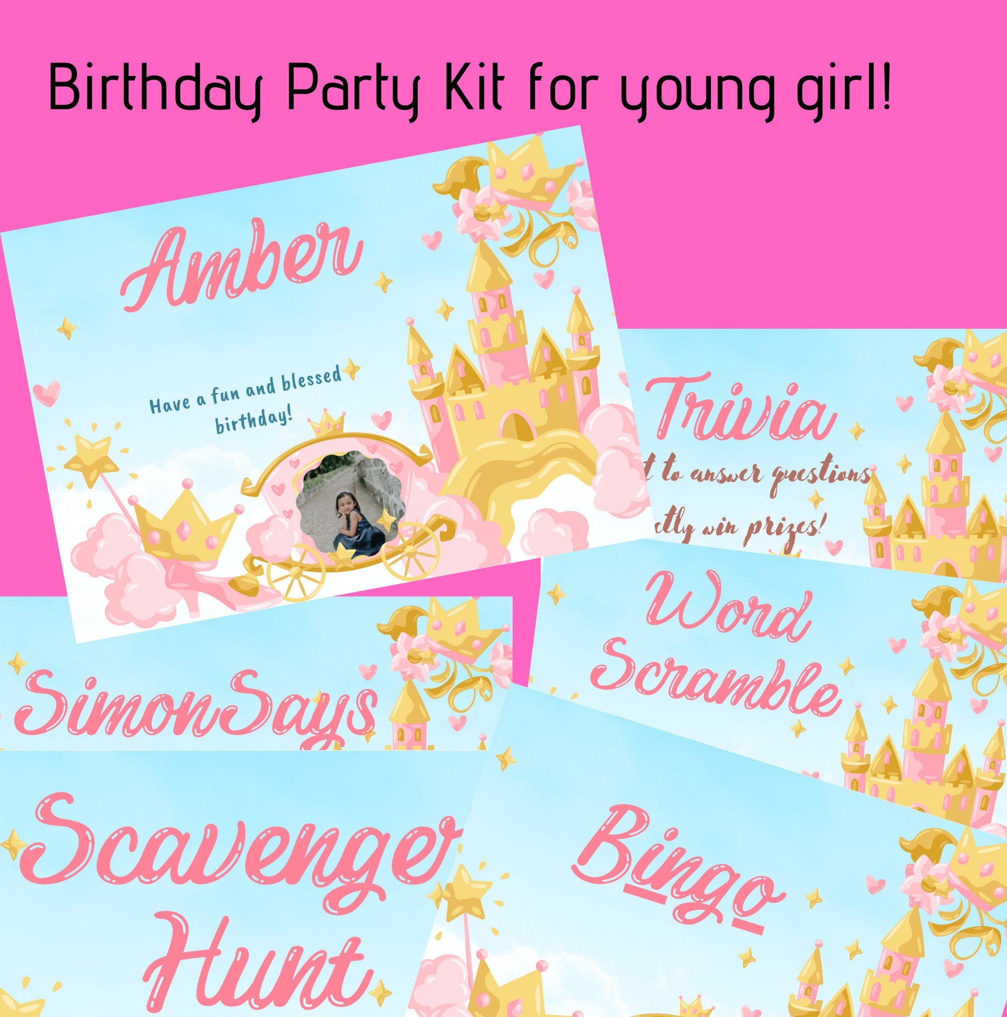 Girls Virtual Birthday Party Kit Zoom Kit Pink party Princess Party Kid Bingo Kid Party Games