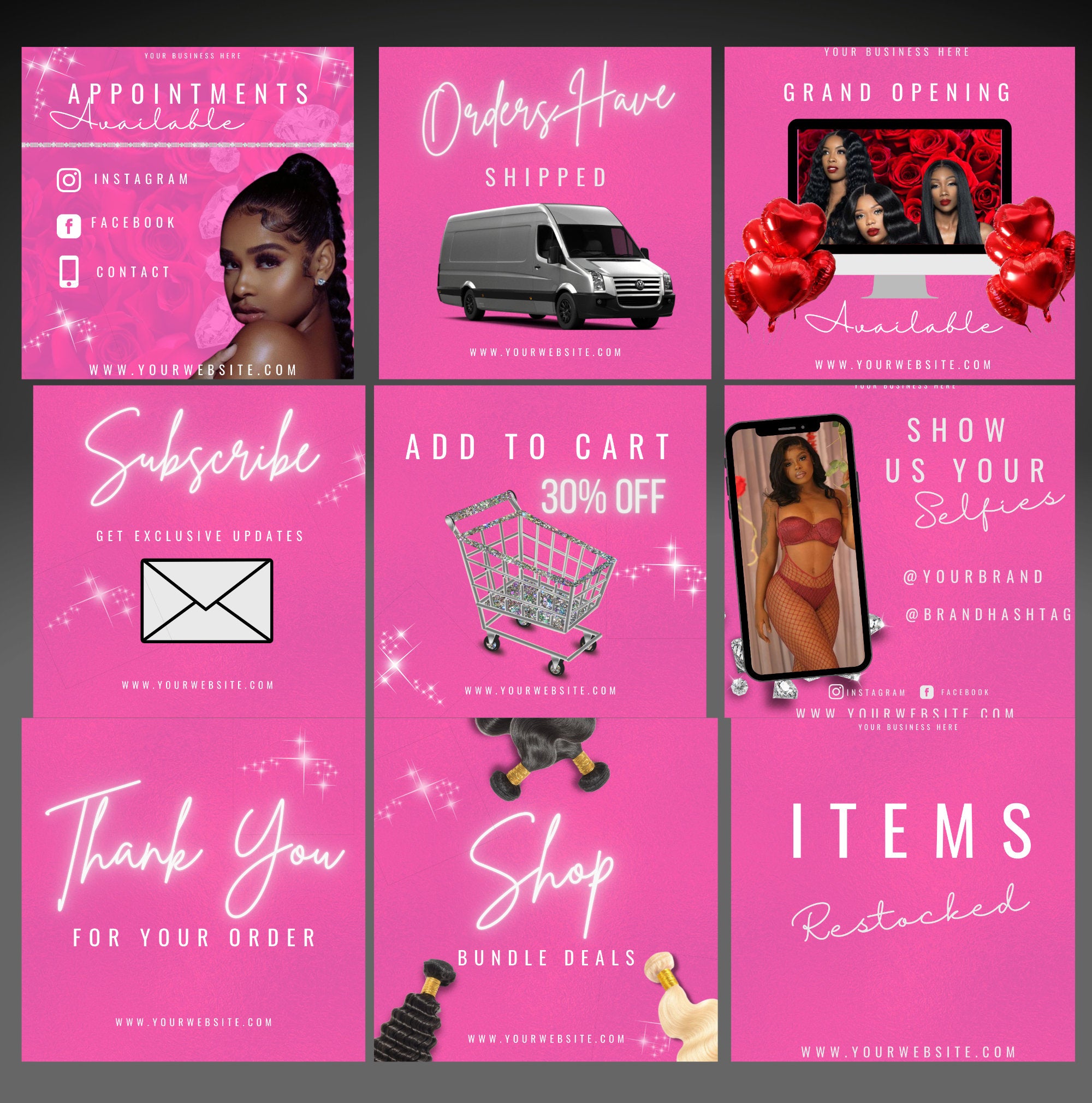 9 Editable Templates- Subscribe Now Flyer, Thank You Flyer, Order Shipped Flyers, Hair Bundle Flyer