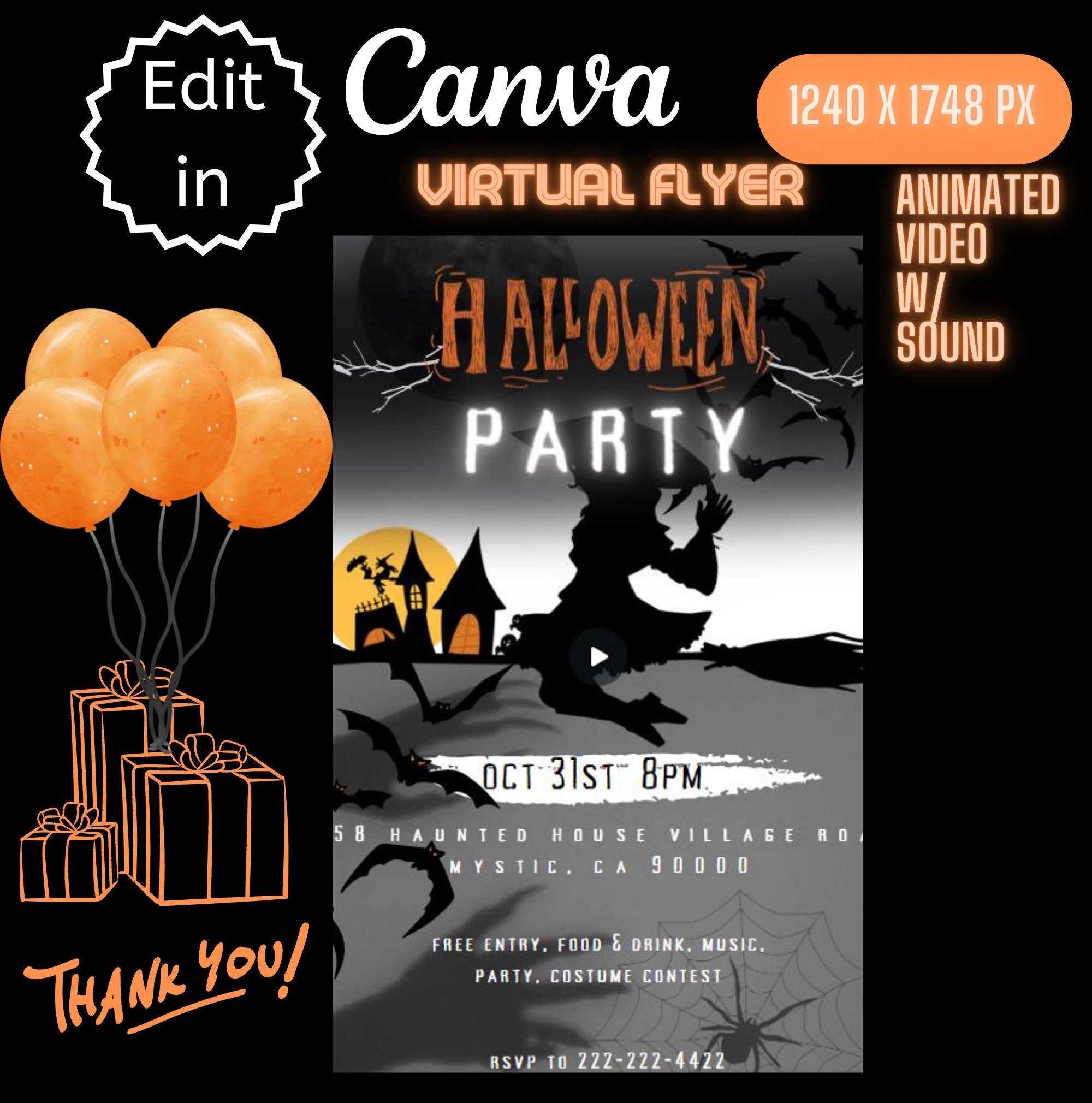 Animated MP4 Witch Virtual Invite larger size 1240x1748  Halloween Party Instagram Digital E-Vite with sound, Print - Editable in Canva