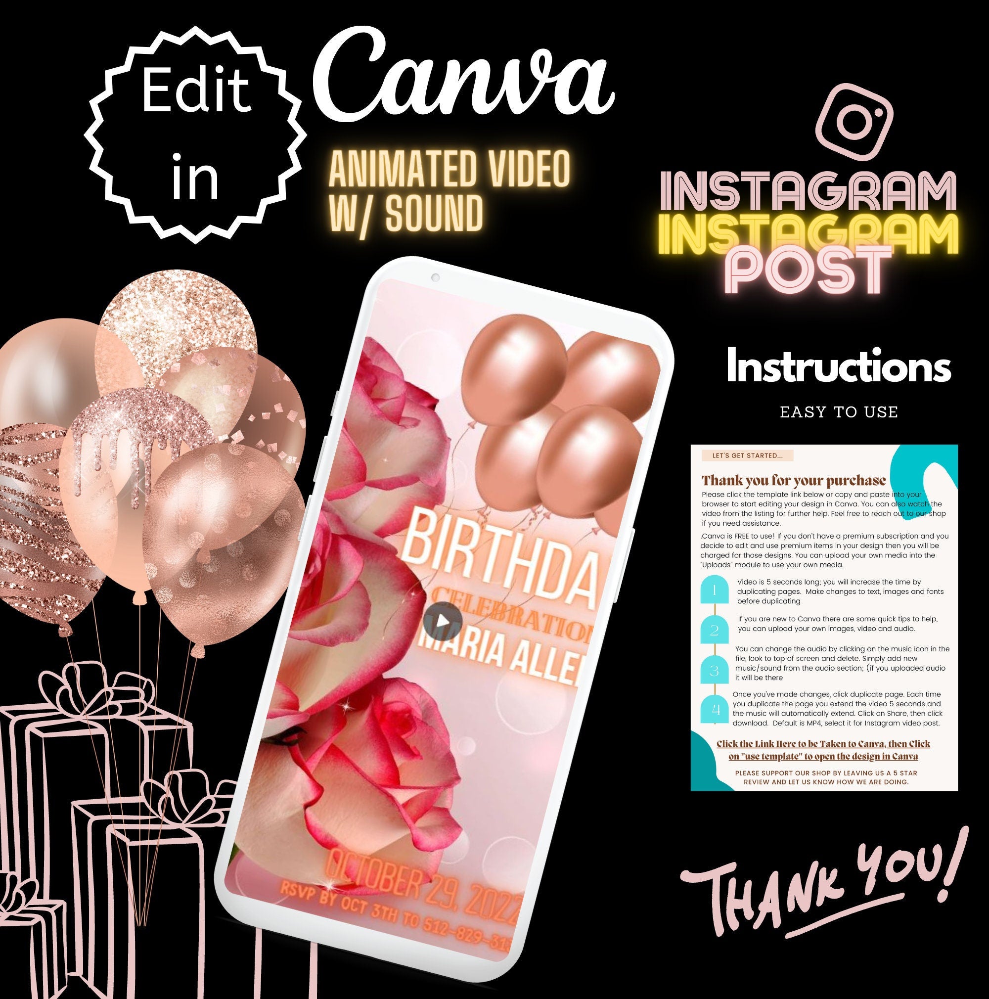 Elegant Birthday Celebration Digital E-Vite with sound, Animated MP4 or Print - Editable in Canva
