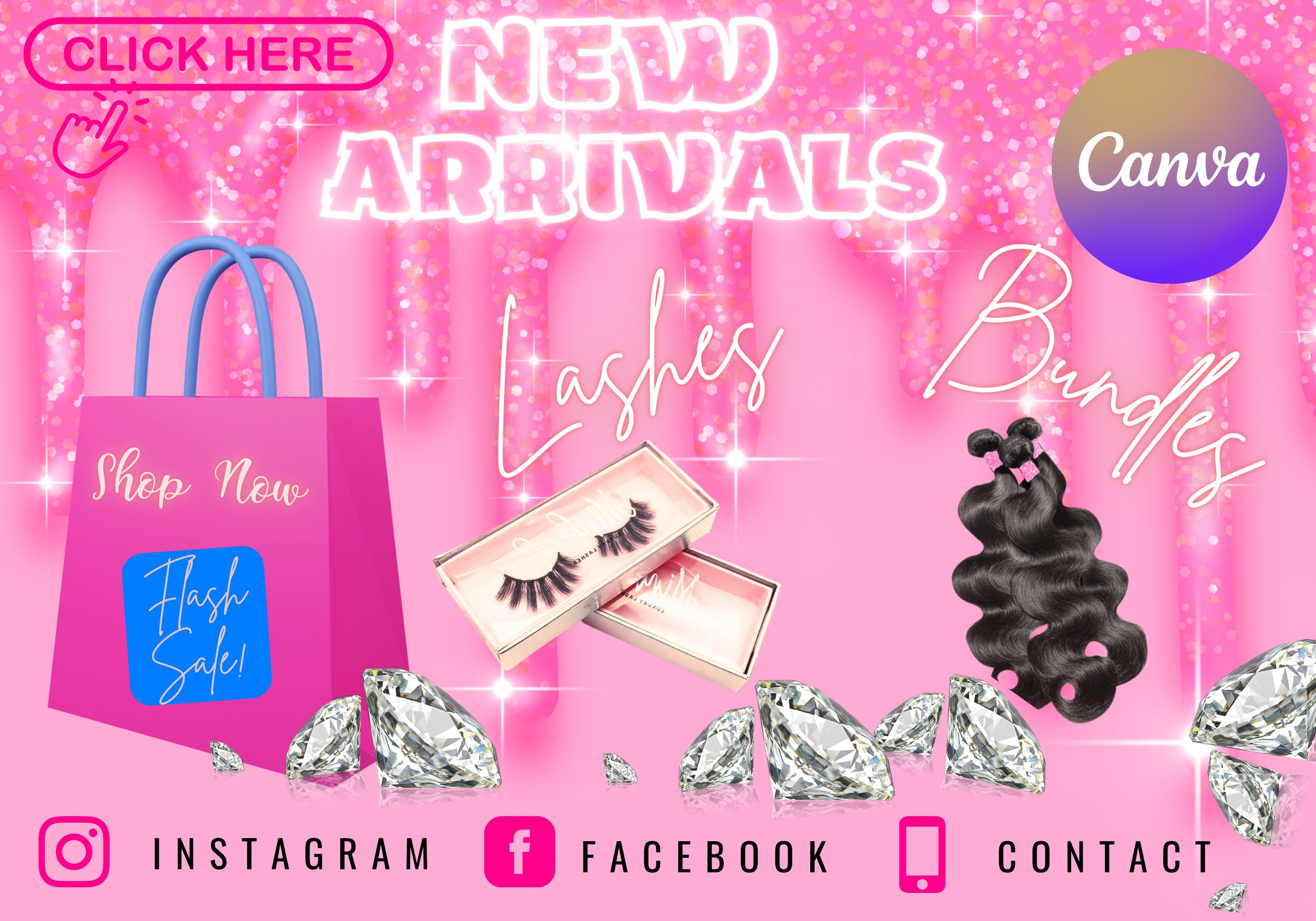 New Arrivals Shop Now Flash Sale Pink Lashes Bundles Announcement Card