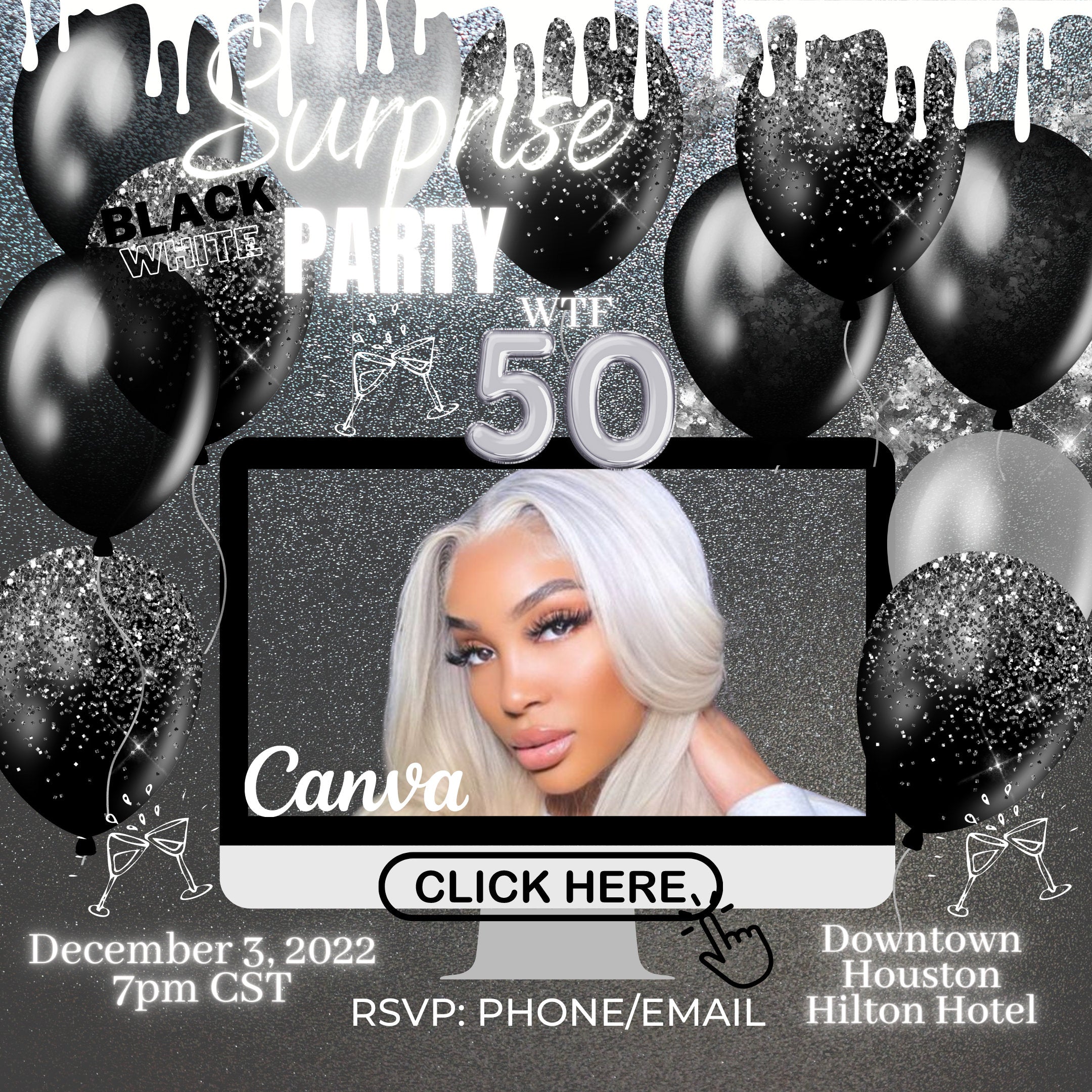 Birthday Flyer, WTF 50th Birthday Celebration template, Gold and Teal  -  numbers 0-9 added, Editable Flyer,  Birthday