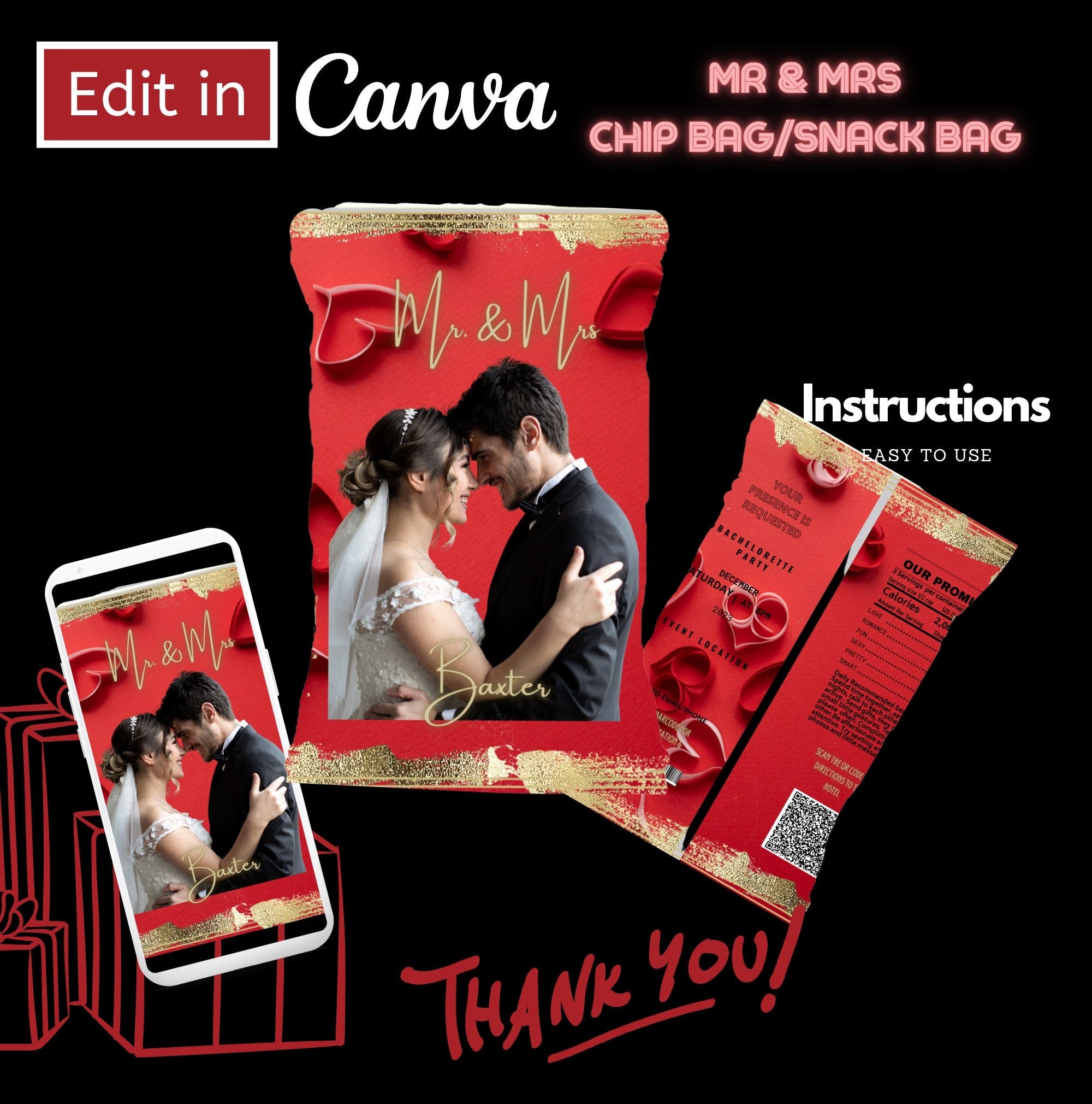 Red Heart Wedding Chip Bag, Snack Bag, Marketing, Party Favor, Template, Red Editable Bag, DIY Bag, Pro Bag, Birthday, Party, Wedding Favors