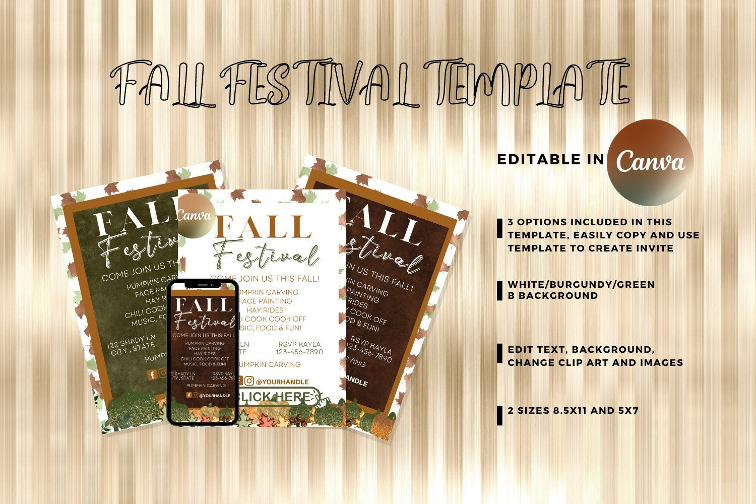 Fall Festival Flyer, Autumn Festival, Harvest Festival Flyer3 Options Template, Pumpkins and Fall Leaves, DIY Flyer, Pro Flyer