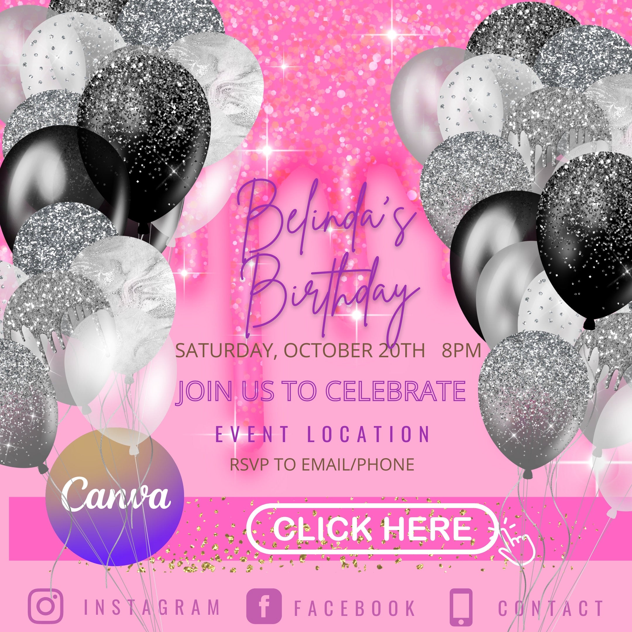 Birthday Flyer, Birthday Glam, Birthday template, Pink n Black Flyer, Editable Flyer, DIY Flyer, Pro Flyer, Birthday