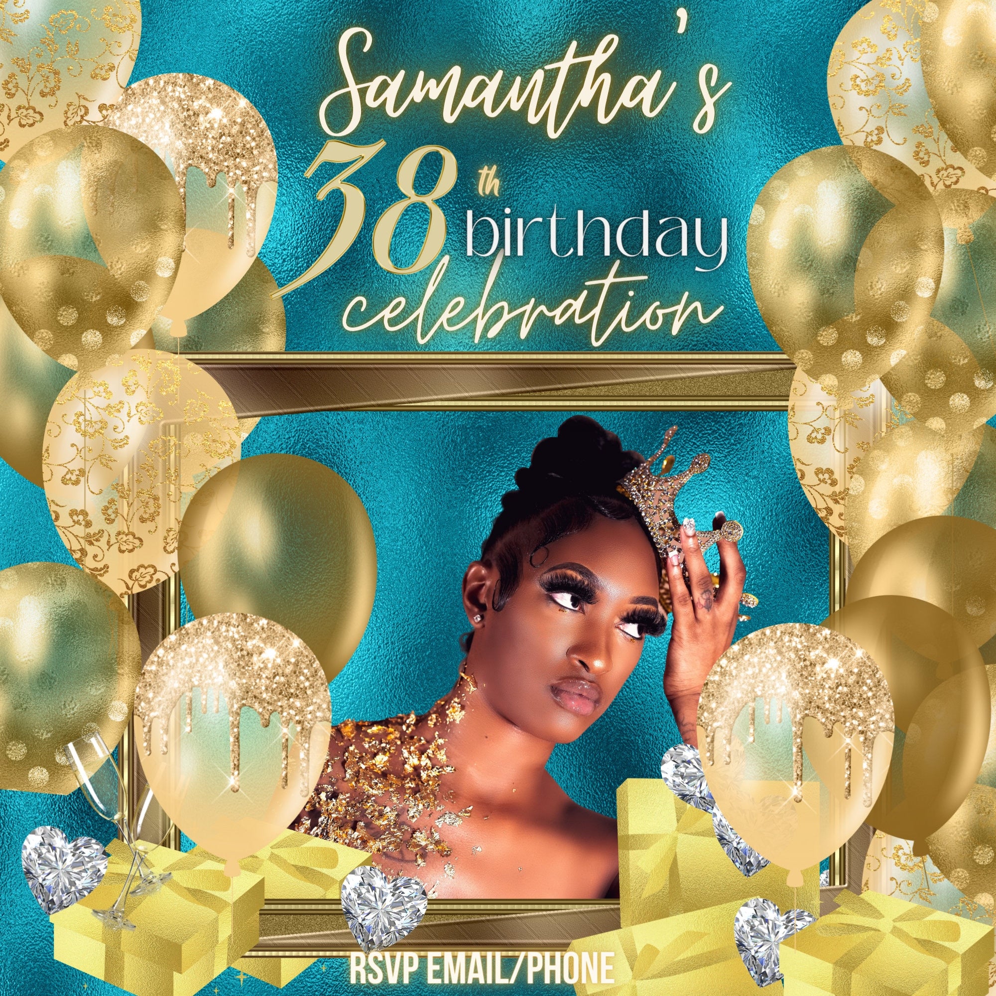 Birthday Flyer, 38th Birthday Celebration template, Gold and Teal  -  numbers 0-9 added, Editable Flyer,  Birthday
