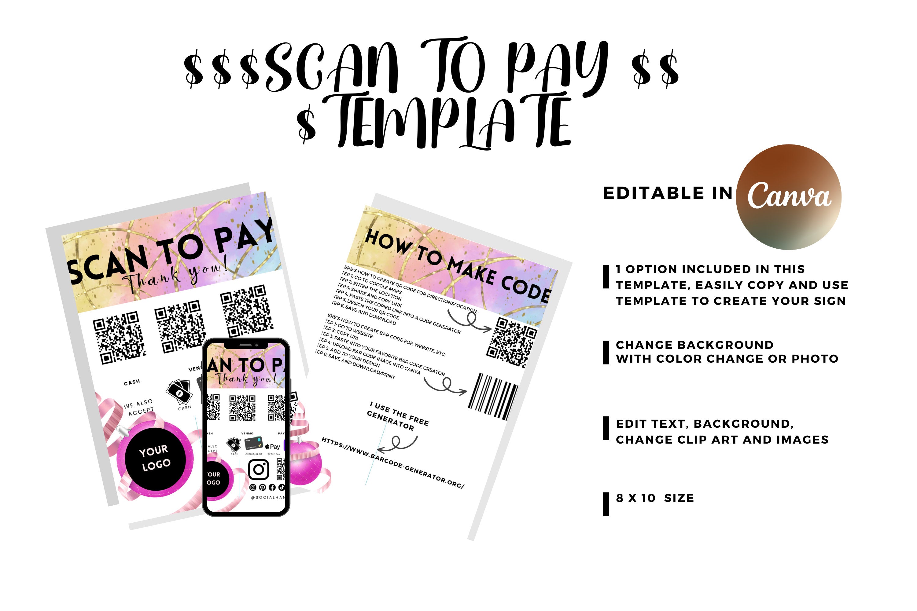 Scan to Pay Template Download Print and Frame Valentine and Bonus QR Code Instructions Editable in Canva