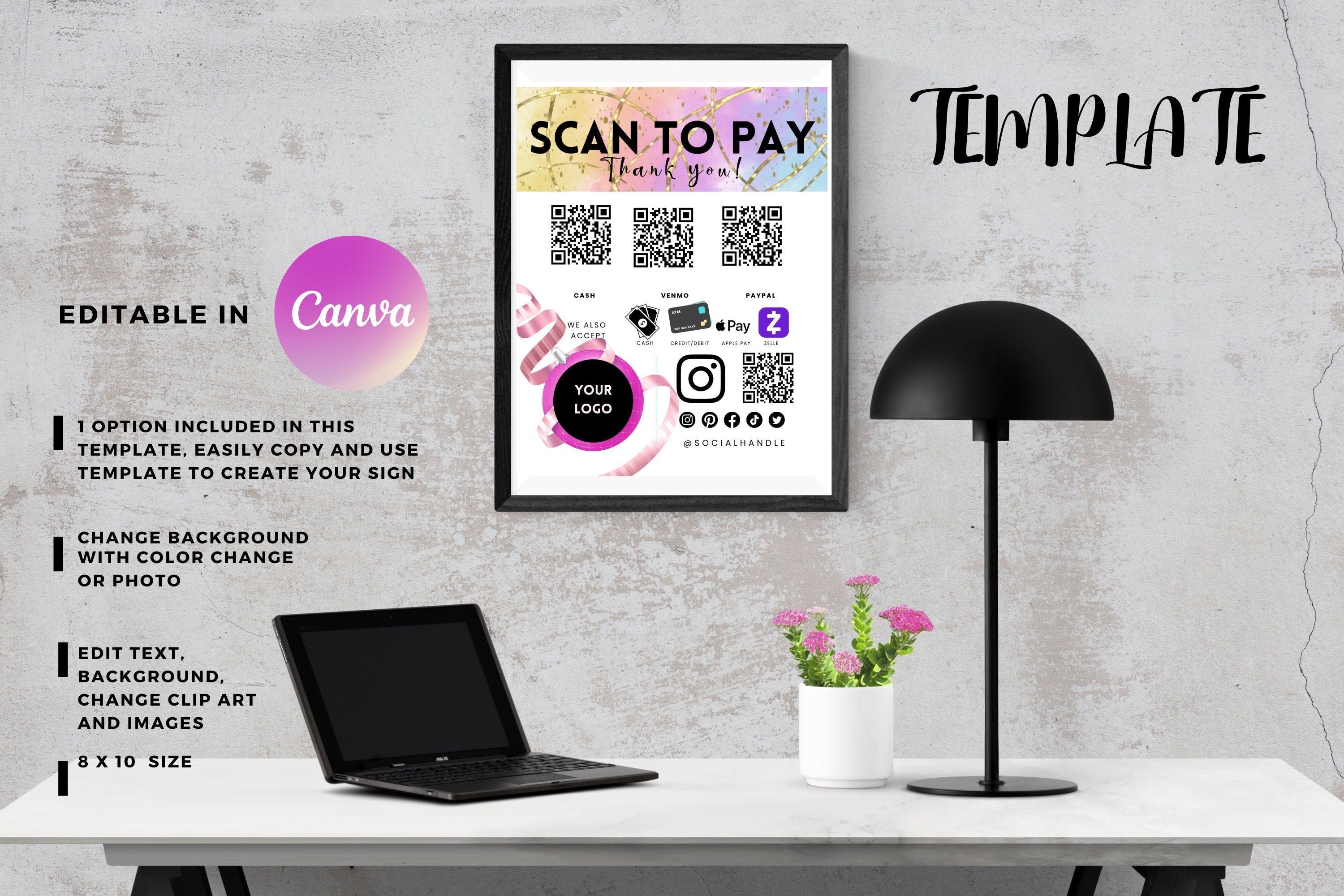 Scan to Pay Template Download Print and Frame Valentine and Bonus QR Code Instructions Editable in Canva