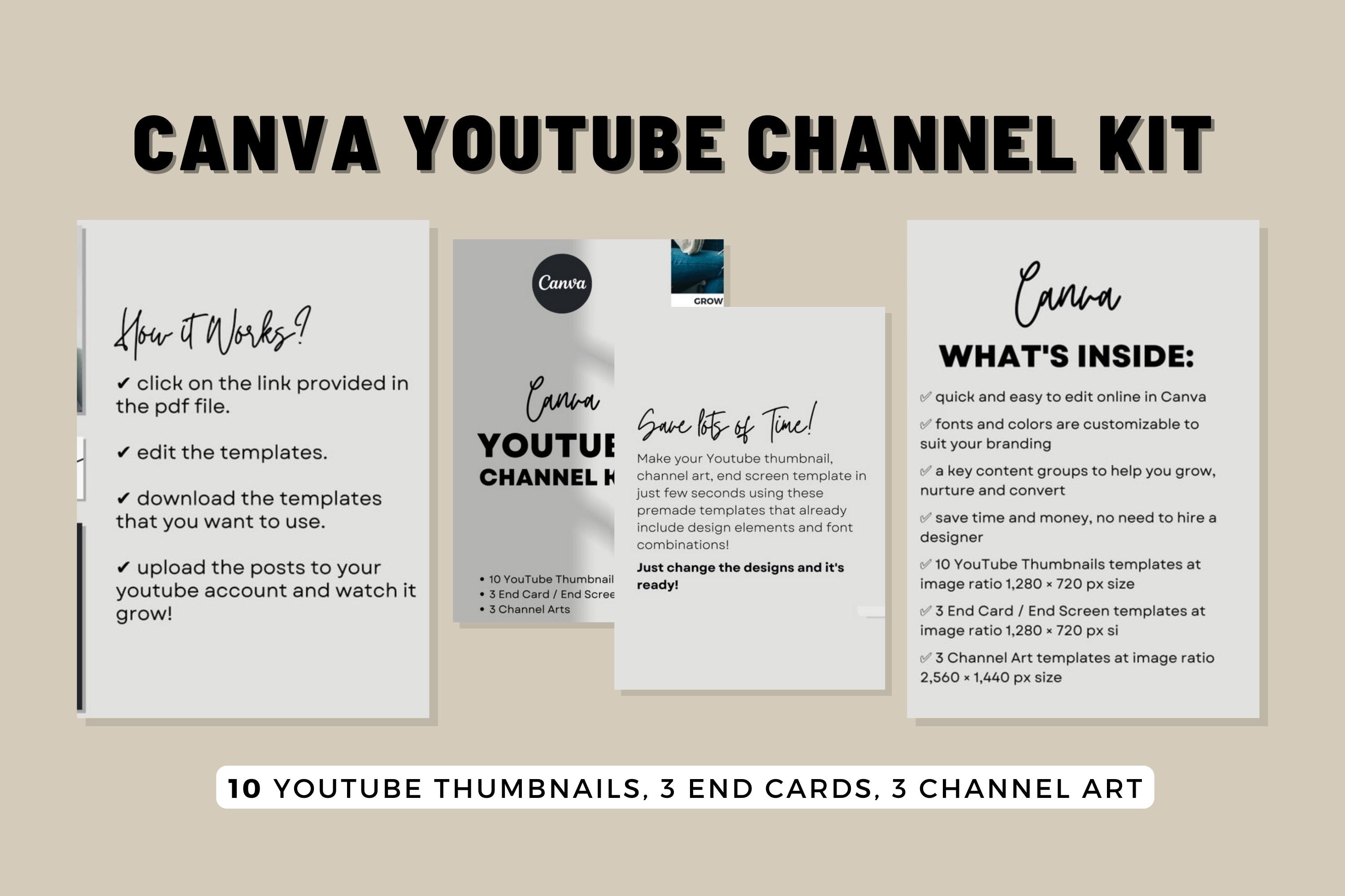 YOUTUBE CHANNEL KIT Social Media Post, 3 Channel Art, 3 End Cards, 10 Thumbnails, Youtube Branding, Youtube Marketing, Edit Canva Template