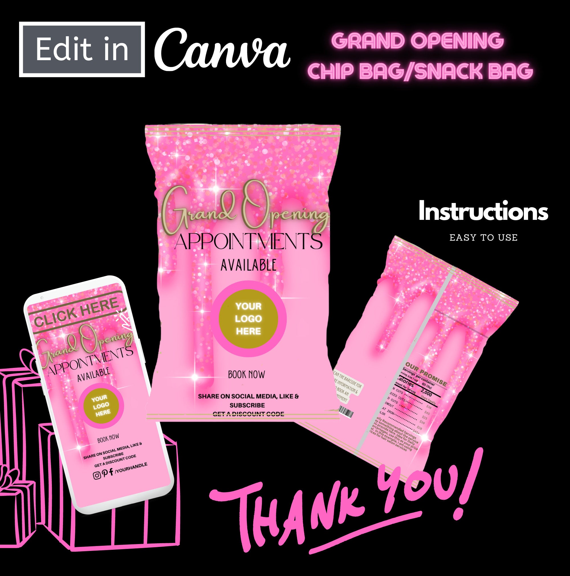 Grand Opening Chip Bag, Snack Bag, Marketing, Party Favor, Template, Pink Editable Bag, DIY Bag, Pro Bag, Birthday, Party, Wedding Favors