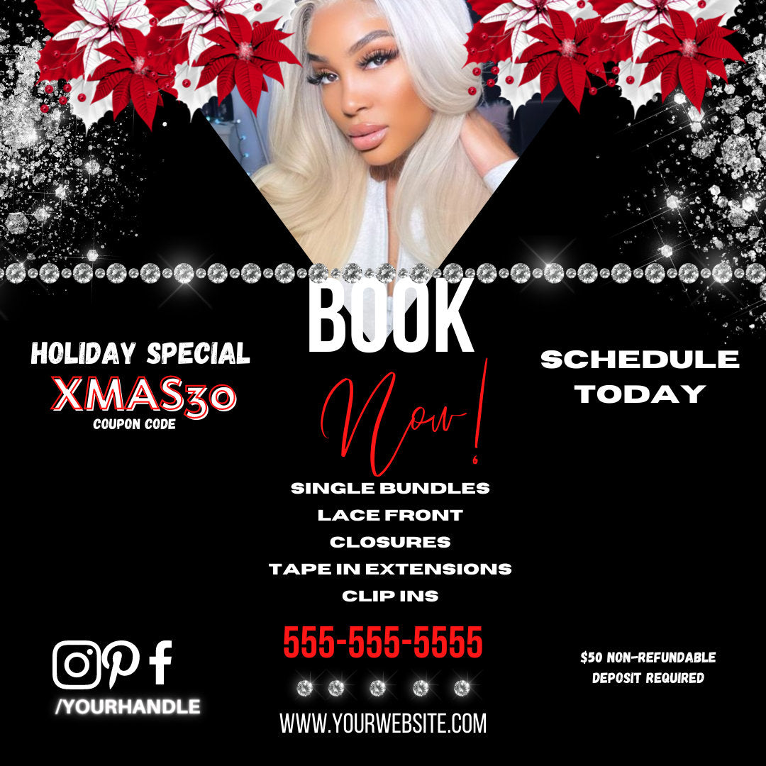 Holiday Template, Book Now, Hair Flyer, Christmas Flyer, Template, DIY, Xmas Flyer, Digital Download, Holiday Flyer