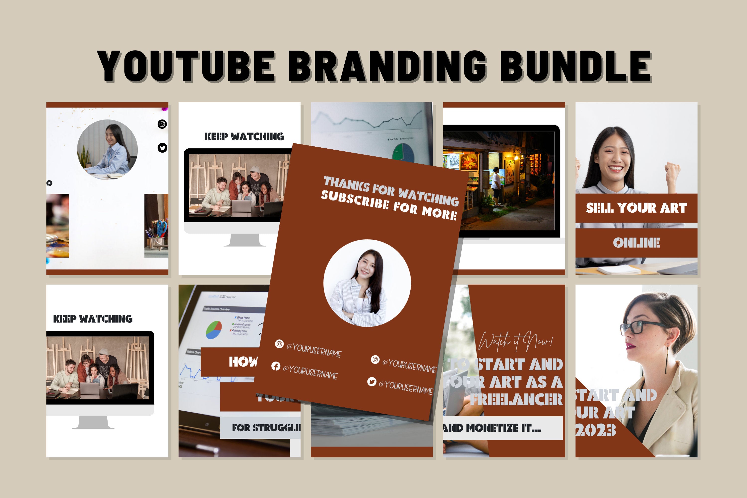 YOUTUBE CHANNEL KIT Social Media Post, 3 Channel Art, 3 End Cards, 10 Thumbnails, Youtube Branding, Youtube Marketing, Edit Canva Template