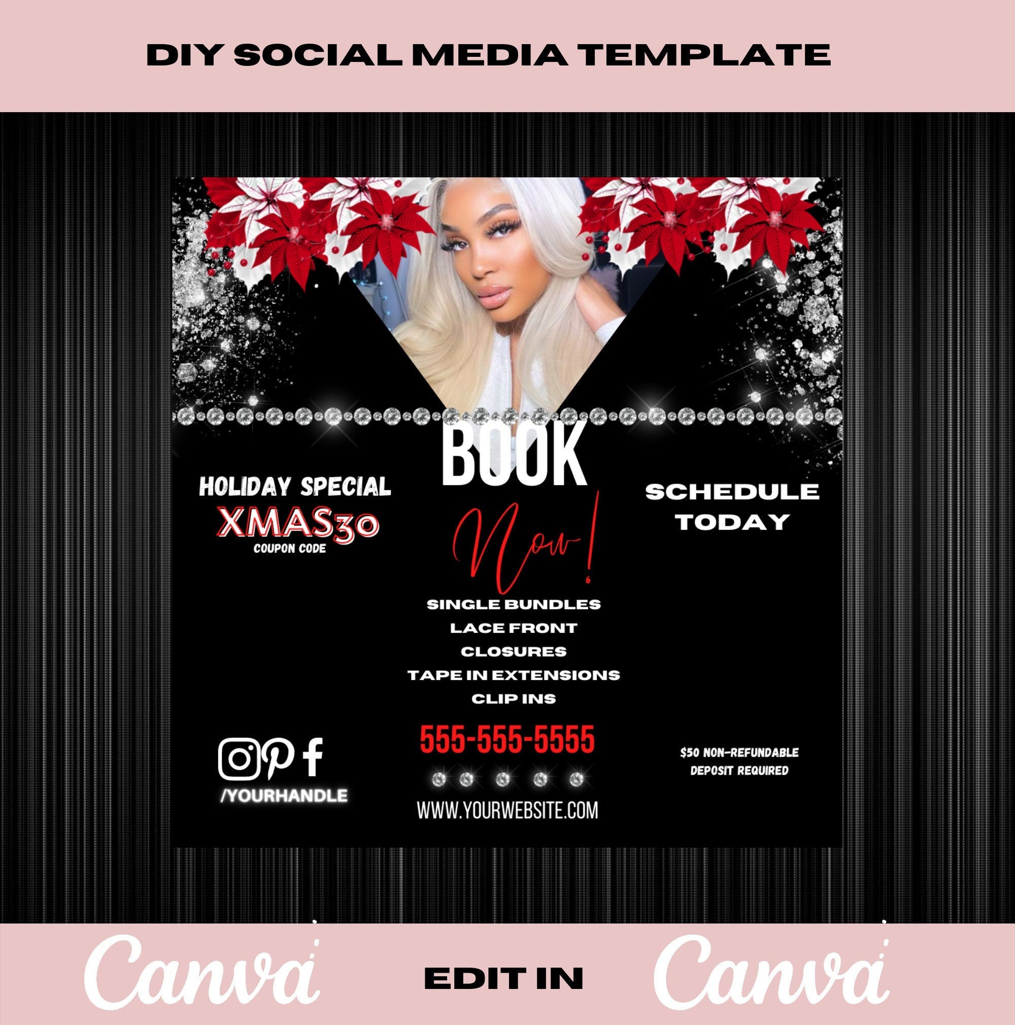 Holiday Template, Book Now, Hair Flyer, Christmas Flyer, Template, DIY, Xmas Flyer, Digital Download, Holiday Flyer