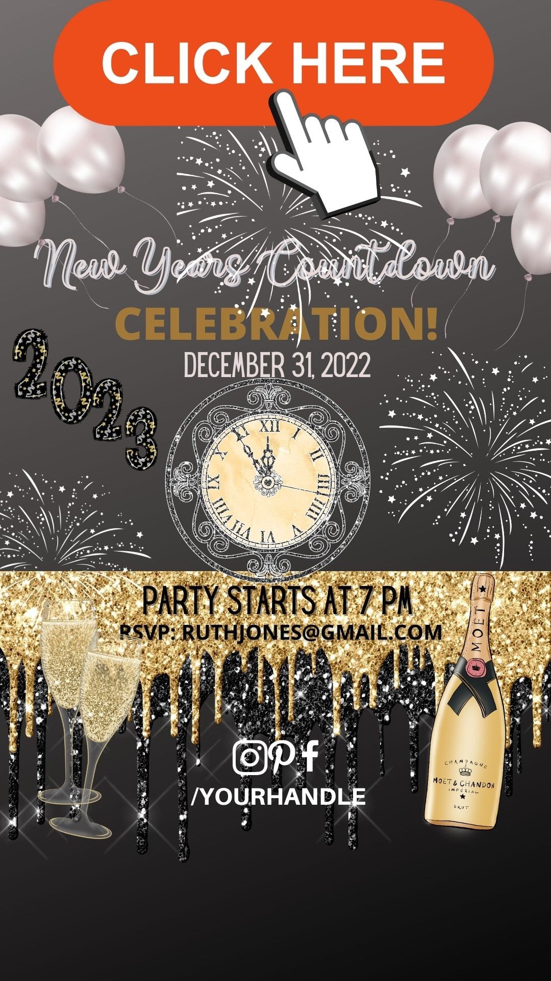 Animated MP4  New Years Virtual Invite Instagram, Social Media Post Digital E-Vite with sound Spaceship Countdown also Printable