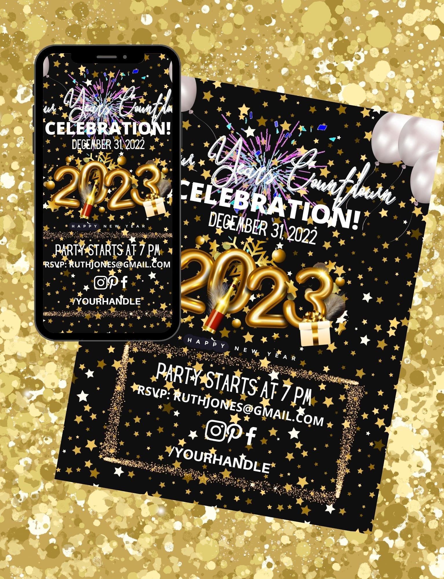 Animated MP4  New Years Virtual Invite Instagram, Social Media Post Digital E-Vite with sound Robotic Countdown also Printable