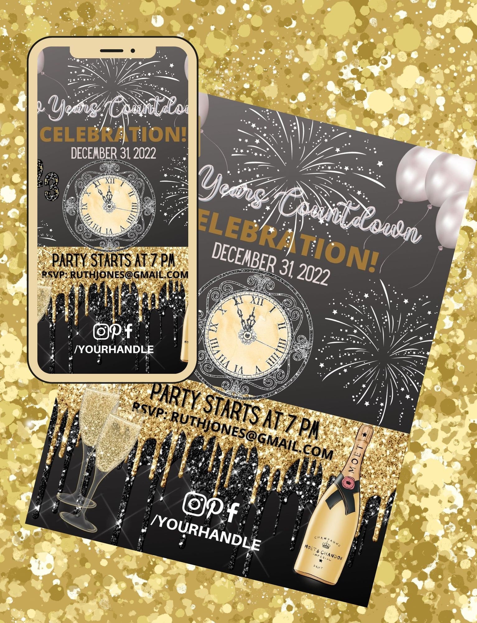 Animated MP4  New Years Virtual Invite Instagram, Social Media Post Digital E-Vite with sound Spaceship Countdown also Printable