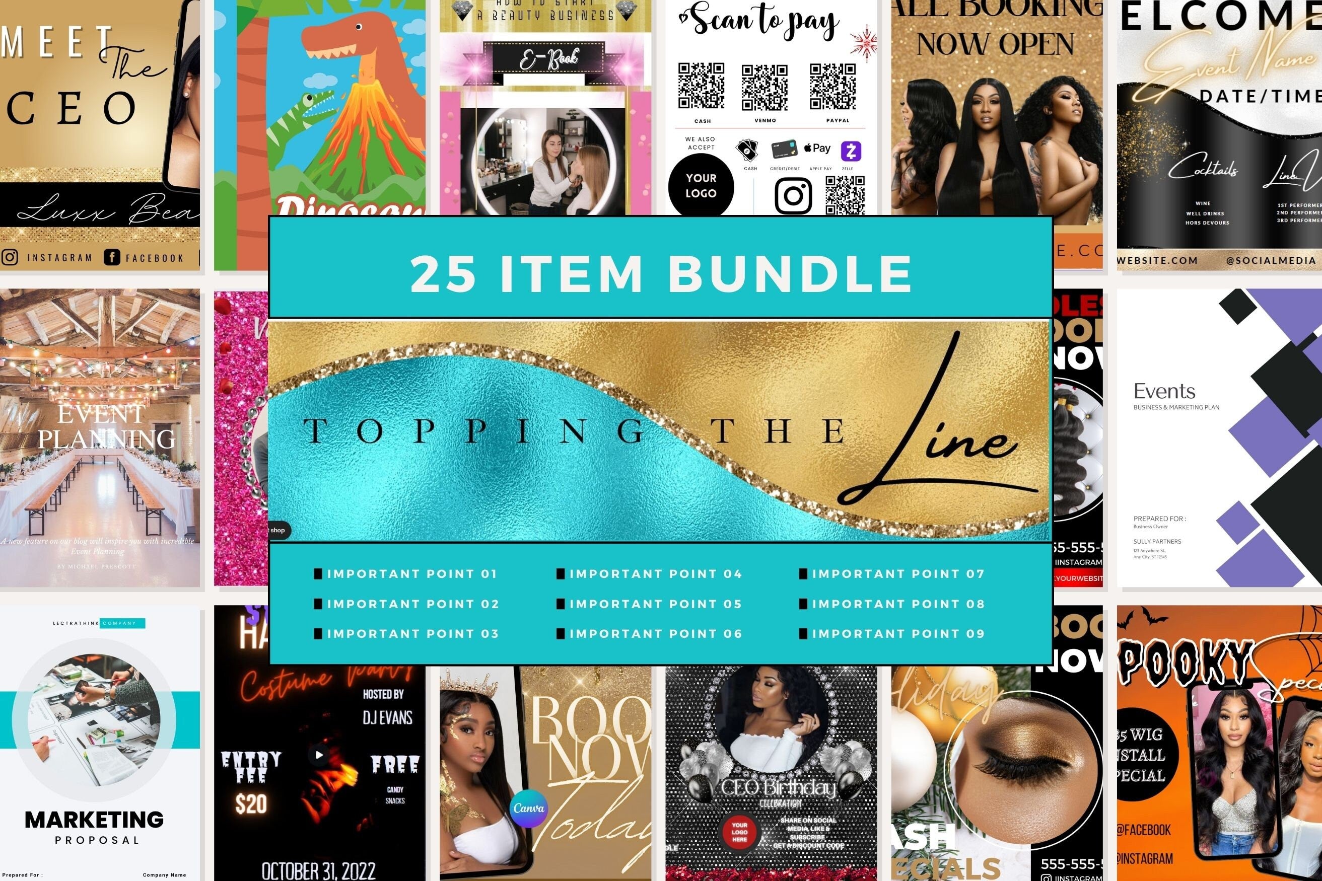 25 ITEM Bundle Templates - Flyers, Planners, White Label E-Book,Birthday and Surprise Bonus Edit all in Canva over 150.00  Value