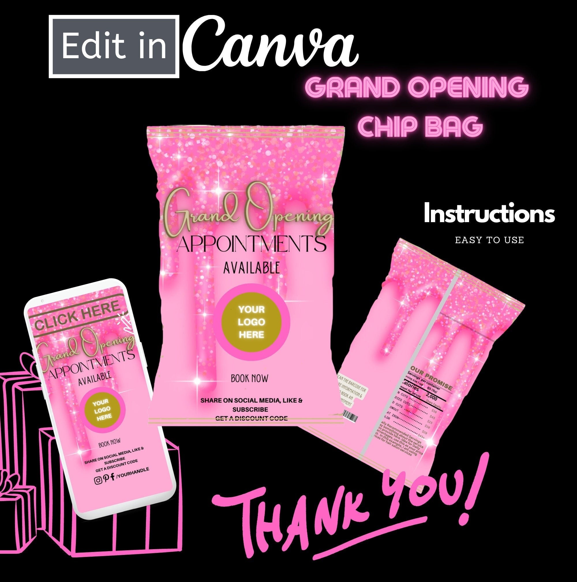 Grand Opening Chip Bag, Snack Bag, Marketing, Party Favor, Template, Pink Editable Bag, DIY Bag, Pro Bag, Birthday, Party, Wedding Favors