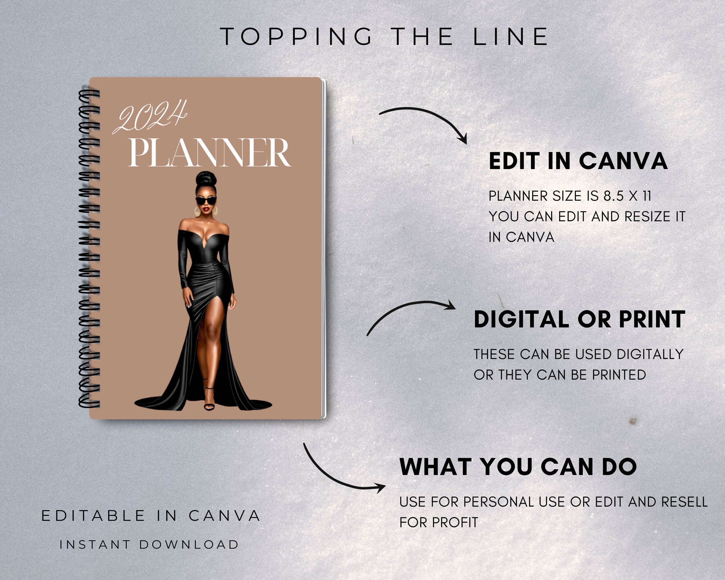 PLR Digital Planner for Resell, PLR 2024 Planner, PLR, Commercial Use, 2024 planner template, black girl planner
