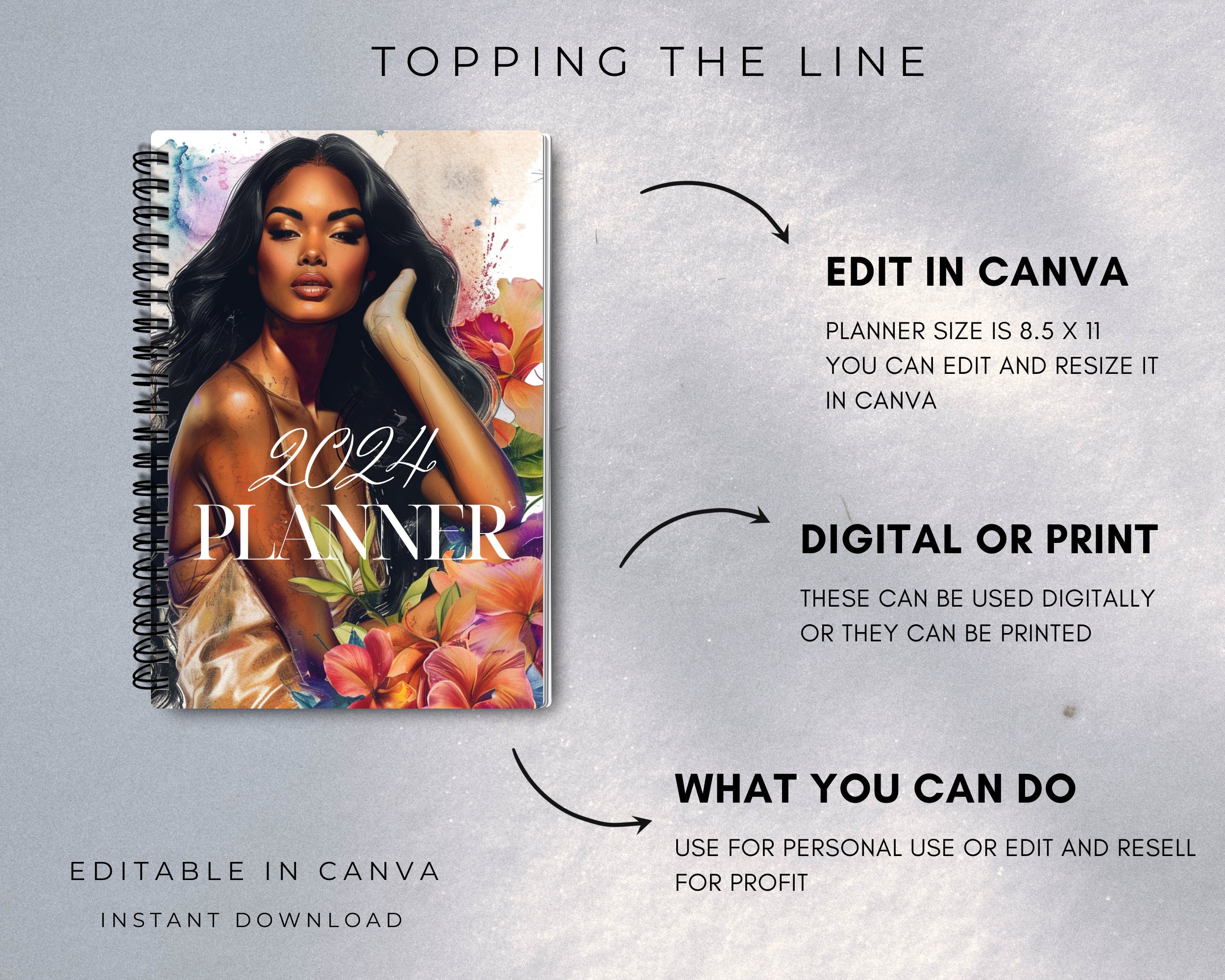 PLR Digital Planner for Resell, PLR 2024 Planner, PLR, Commercial Use, 2024 planner template, black girl planner