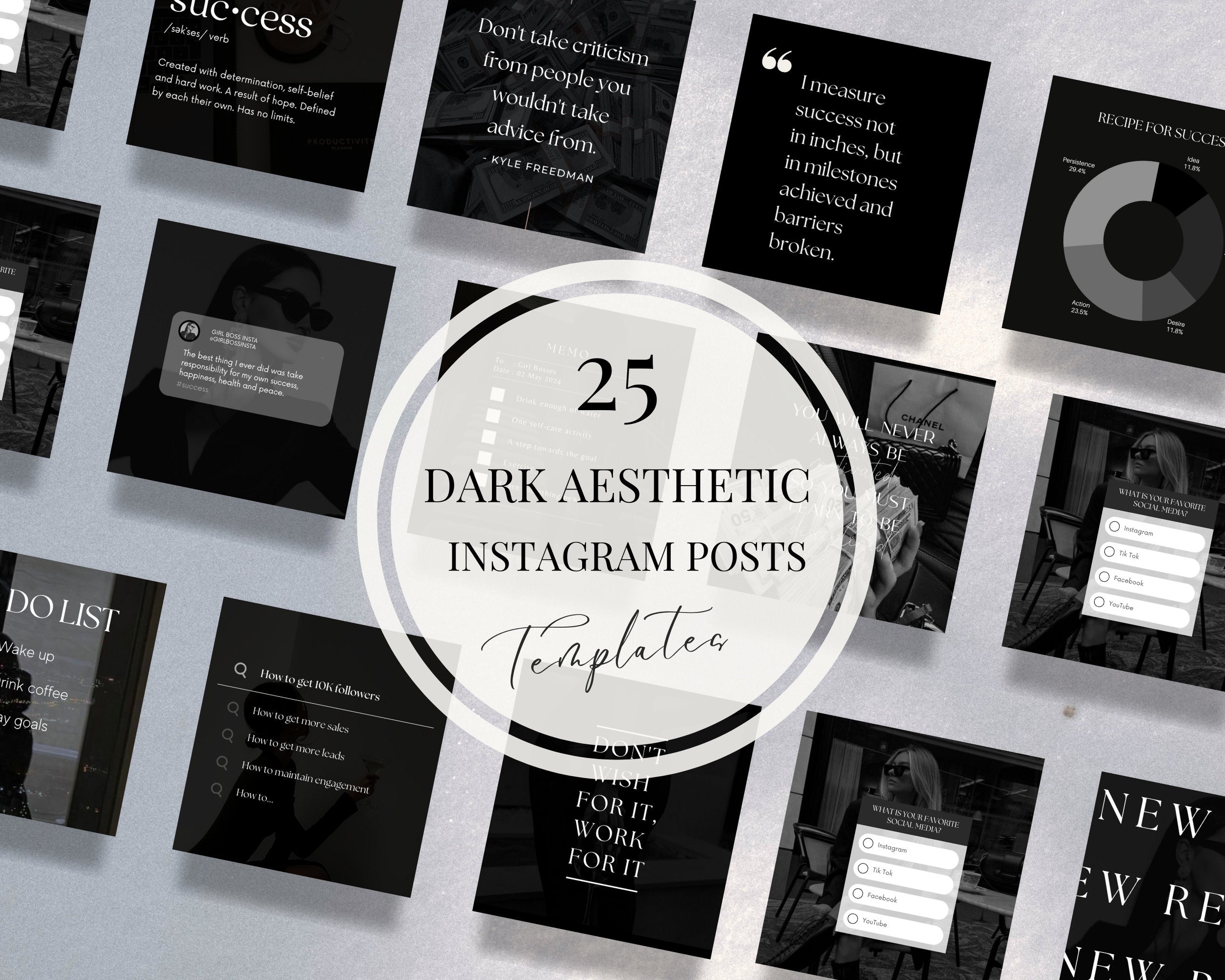 25 Dark Aesthetic Instagram Posts, Girl Boss Instagram Post, Social Media Bundle, DIY Templates, Instagram, Aesthetic, Dark Theme, canva