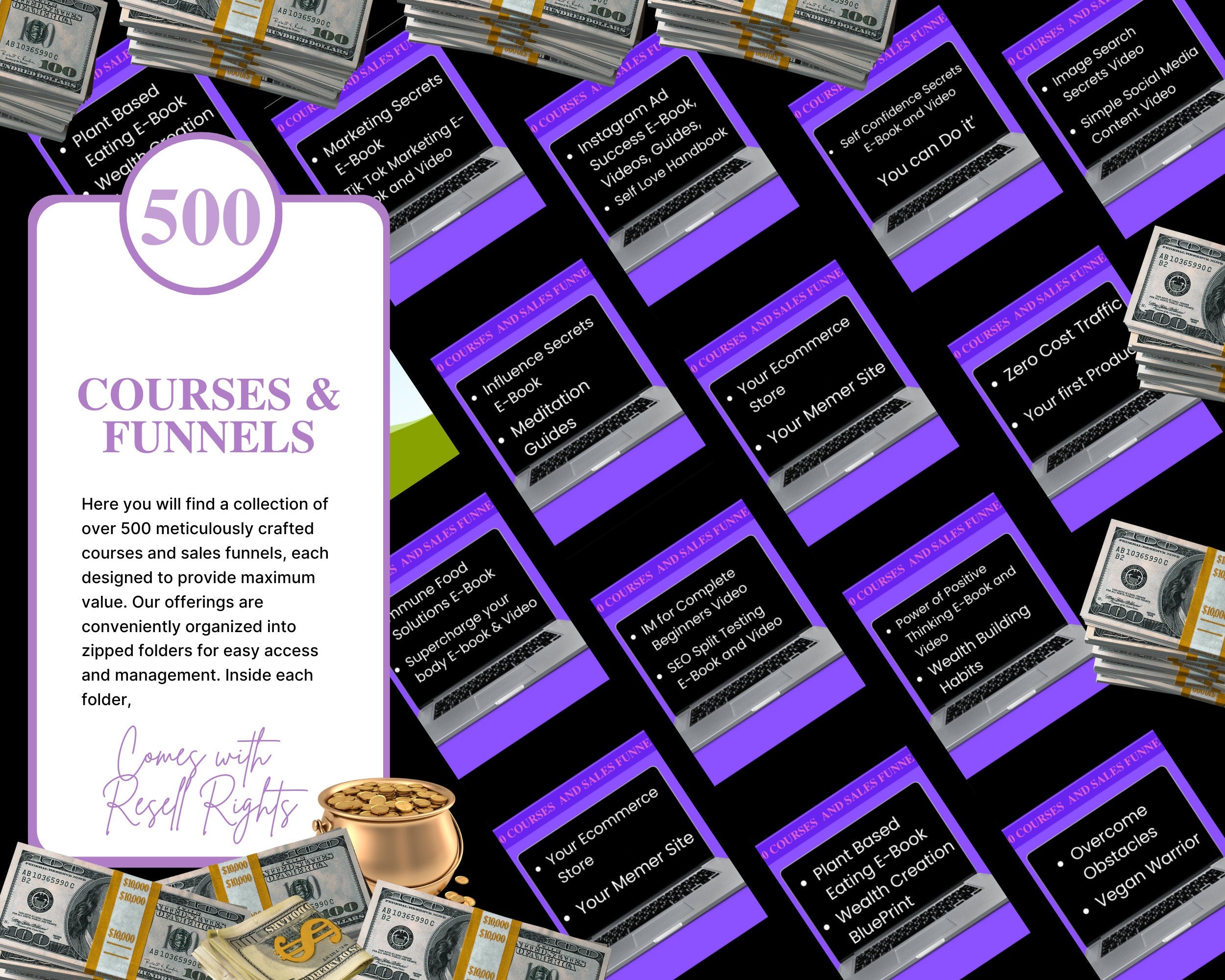 Funnels Courses and Funnels Collection E-Book, Resell Rights, Over 500 Items, Sales and upsell pages and funnels optimized for conversions